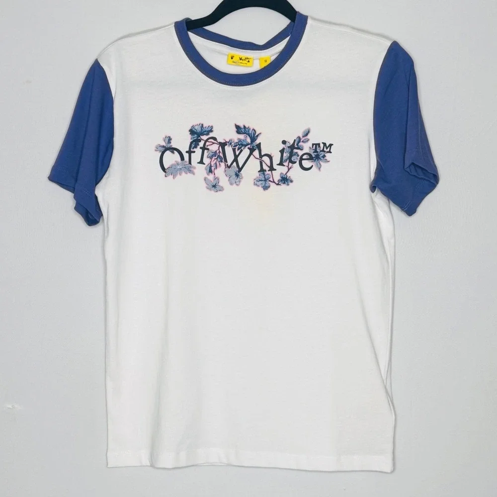 Off-White Kids Ringer Tee Floral Logo Unisex Size 12 White Blue Hype Streetwear